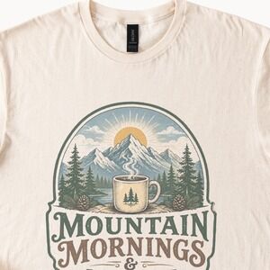 Mountain Mornings Fresh Coffee Graphic Tee Vintage Woodcut Style